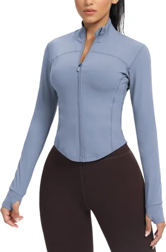 Vista 26 de AVGO Chaquetas de entrenamiento recortadas para mujer, con cremallera, ajustadas, atléticas, con agujeros para el pulgar