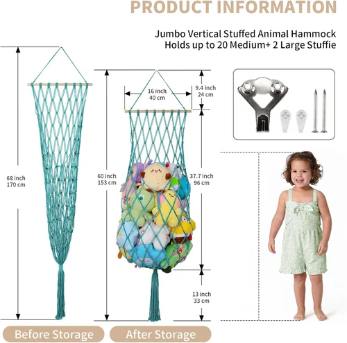 Vista 5 de Almacenamiento de Animales de Peluche de 68 Pulgadas, Hamaca Jumbo de Macramé para Animales de Peluche en Esquina, Hamaca Colgante de Pared y Techo