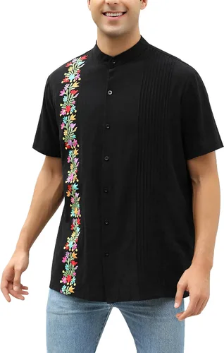 Vista 16 de Camisas mexicanas para hombre, camisas de vestir tradicionales de guayabera para hombre, con botones, cuello de banda, camisa de vestir para fiesta