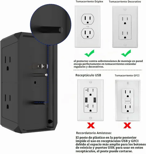 Vista 5 de POWERIVER - Extensor de sobretensiones multitoma de corriente con 5 salidas de CA y 4 puertos USB (2 USB C), 1,680 julios, divisor de salida