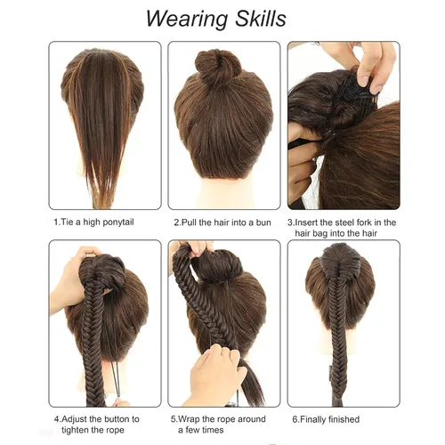 Vista 7 de Extensiones de cola de caballo trenzadas de espina de pescado de 15 pulgadas, extensiones de cabello sintético rizado con cordón de cola de caballo