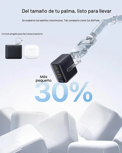 Vista 3 de Baseus Enerfill - Cargador USB C de 70 W, bloque de carga rápida de 3 puertos con enchufe plegable, cargador de ladrillo de pared GaN tipo C