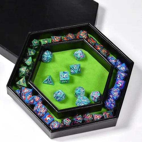 Vista 4 de DND - Bandeja de dados hexagonal 2 en 1, material de piel sintética, color verde, compatible con D&D, MTG, Dice Arena