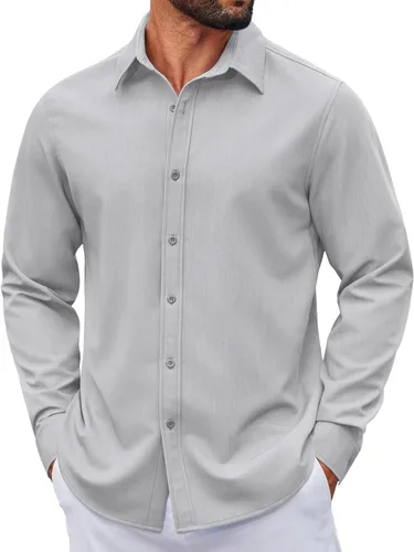 Vista 23 de COOFANDY Camisa de vestir casual de mezclilla con botones y manga larga para hombre