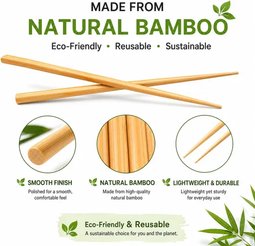 Vista 6 de Juego de palillos de madera de bambú chino natural de 9.5 pulgadas, reutilizables, estilo clásico, palillos de madera (5 pares)