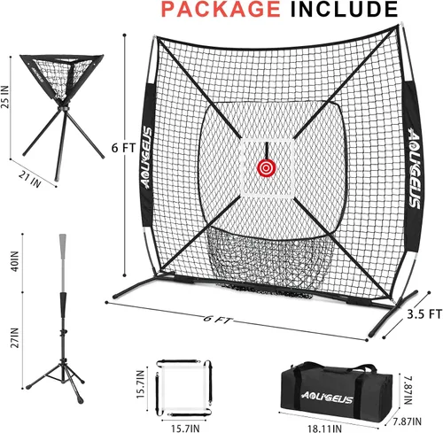 Vista 7 de 6'X6' Baseball Softball Practice Net with Batting Tee and Ball Caddy, Bonus Strike Zone Target and Bow Frame, for Hitting, Pitching, Catching