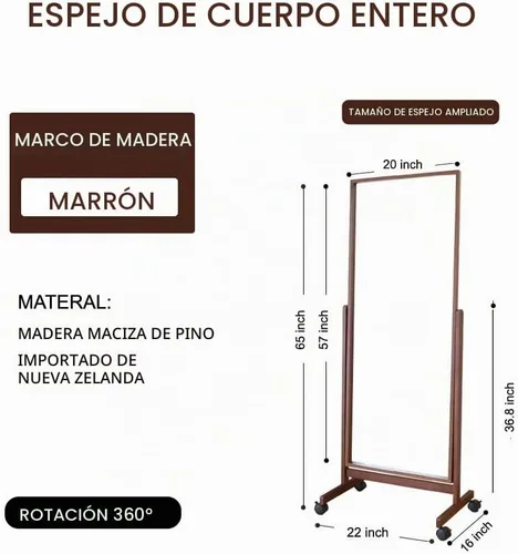 Vista 2 de Espejo giratorio de longitud completa sobre ruedas de 65 x 22 pulgadas, marco de madera Cheval, espejo de piso para vestirse, cuerpo completo