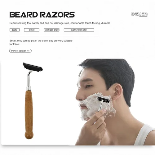 Vista 5 de Hemoton Maquinillas de afeitar manuales para barba, mango de bambú, afeitadoras de seguridad de doble filo, cuchillas de acero inoxidable