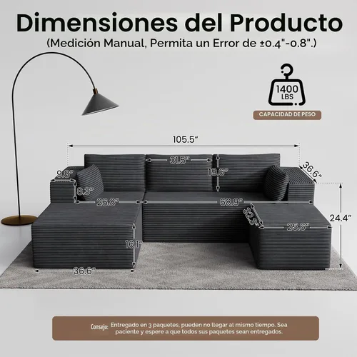 Vista 2 de Sofás seccionales sin hueso de 106 pulgadas para sala de estar, sofá modular en forma de U con asiento profundo, otomana extraíble, sofá de 4 plazas