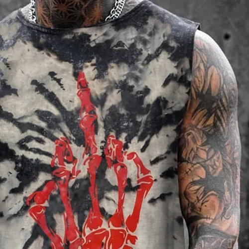 Vista 4 de Camiseta sin mangas con estampado de calavera callejera para hombre, sin mangas, cuello redondo, deportes musculares, acondicionamiento físico