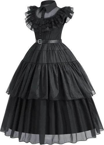 Vista 3 de Disfraz negro para niñas, niños, cumpleaños, Halloween, cosplay, vestido de fiesta negro