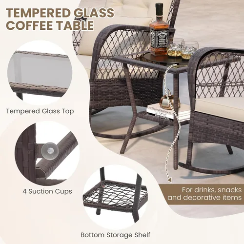 Vista 5 de ORALNER Juego de 3 mecedoras de mimbre para muebles de patio, sillas mecedoras para exteriores con cojines, almohadas, mesa de centro de cristal