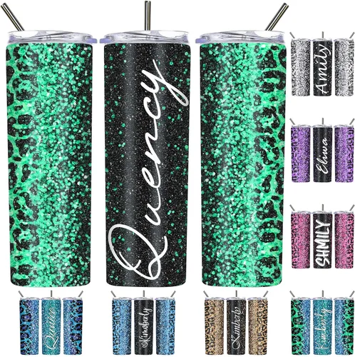 Vista 10 de Vasos personalizados con estampado de leopardo con tapas y pajitas, vasos delgados personalizados de 20 onzas con nombres para mujeres y hombres