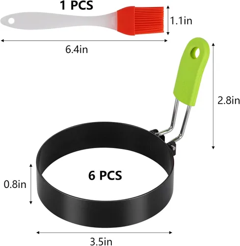 Vista 4 de 6 anillos de huevo de 3.5 pulgadas con mango de silicona, molde redondo para panqueques con cepillo de aceite de silicona para freír huevos