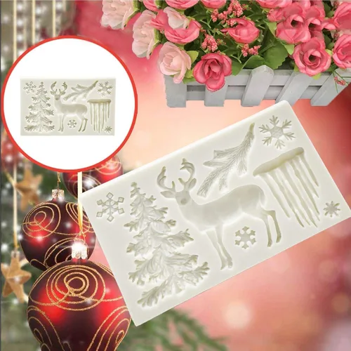 Vista 4 de Moldes de chocolate de Navidad, molde de silicona 3D, diseño de ciervos con temática de Navidad, molde de fondant, molde de copo de nieve para hacer