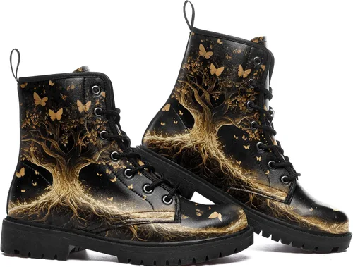 Vista 3 de Botas de Combate Florales de Setas para Mujer - Botas Góticas de Bosque Witchcore Tacón Grueso Cuero Vegano Moda con Cordones Botines Negros