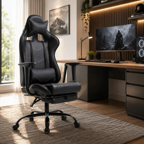 Vista 2 de BestOffice Silla ergonómica para juegos Negro Silla reclinable para computadora con soporte lumbar, almohada reposacabezas y reposapiés