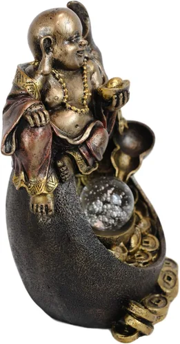 Vista 4 de Ebros Matreiya Laughing Buddha Hotei Sosteniendo lingote de oro sentado en cono gigante de calabaza de vino con cono de reflujo de fondo, estatua