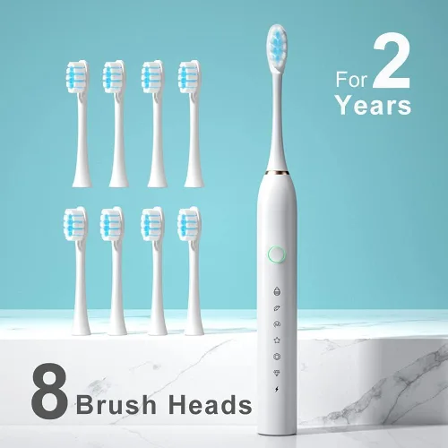 Vista 6 de Paquete de 2 cepillos de dientes eléctricos con 8 cabezales de cepillo, 6 modos de 42000 vpm, IPX7 impermeable, cepillo de dientes eléctrico sónico