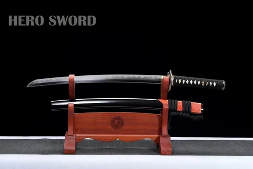 Vista 3 de Wakizashi - Espada samurái de acero templado plegado, auténtica, japonesa pura, manual, avanzada, piel de rayos, color rojo y negro, 31 pulgadas