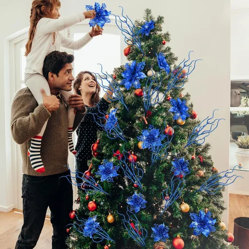 Vista 6 de Yinder Juego de 48 flores de Pascua artificiales con purpurina para el día de San Valentín con ramitas, decoración de árbol de Navidad, para corona