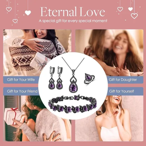 Vista 3 de LMXXVJ Juego de joyas para mujer, collar chapado en platino, anillo abierto, aretes, brazalete, para cumpleaños, aniversario, Día de la Madre