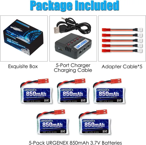 Vista 7 de URGENEX 3.7V Lipo 850mah recargable Lipo con JST Plug X5 cargador para MJX Syma Holy Stone Sky Viper RC Quadcopter Drone X56W X400 X400W X300C X400C