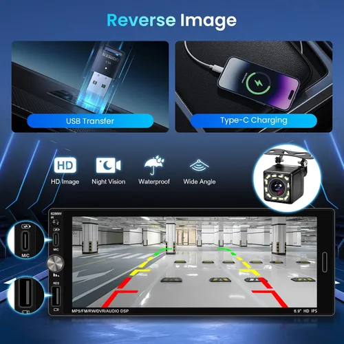 Vista 6 de Estéreo de coche de un solo DIN con CarPlay inalámbrico Android Auto Mirror Link, radio de coche, unidad auricular manos libres Bluetooth de 6.9