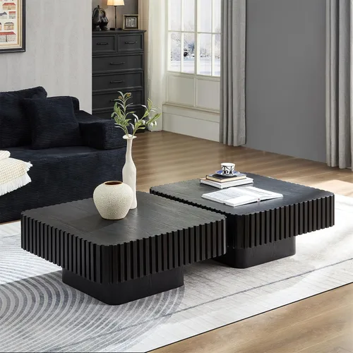 Vista 9 de LKTART Mesa de café cuadrada para sala de estar, mesa de café acentuada estriada con almacenamiento, mesa de té central grande moderna de madera