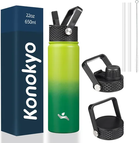 Vista 135 de Konokyo - Botella de agua aislada de 18 onzas, botellas deportivas de acero inoxidable con 3 tapas, verde militar