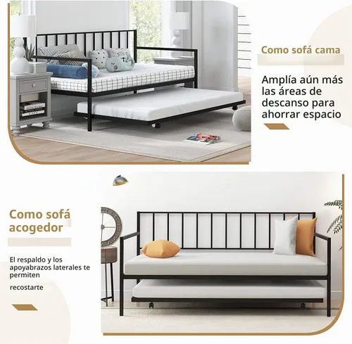Vista 5 de Majnesvon Sofá cama de metal con nido, marco de cama de día de tamaño individual con nido extraíble, cama resistente para sala de estar, dormitorio