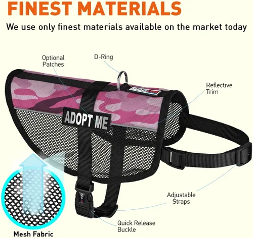 Vista 46 de Dogline MaxAire - Chaleco de malla para perros de 13 a 16 pulgadas y 2 parches extraíbles Adopt Me, talla S, color negro