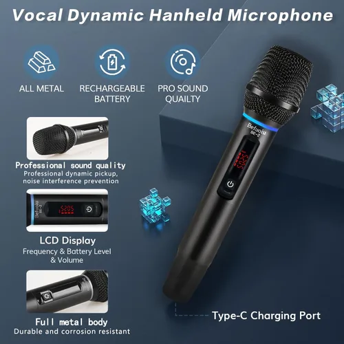 Vista 3 de Micrófono inalámbrico recargable UHF para cantar con bolso, micrófono dinámico de mano de metal con receptor, micrófono de karaoke inalámbrico