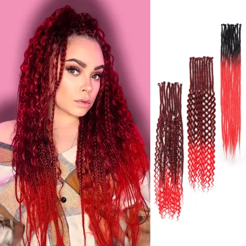 Vista 7 de Extensiones de rastas trenzadas bohemias de 24 pulgadas, 10 hebras de rastas sintéticas rizadas color marrón degradado con trenza de caja, rastas