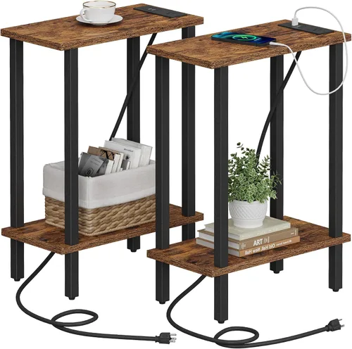 Vista 30 de TUTOTAK - Mesa auxiliar pequeña con estación de carga; mesa lateral estrecha con puertos USB y tomas de corriente; mesa de sofá delgada; mesita