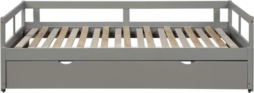 Vista 6 de Sofá cama tamaño individual, sofá cama individual con nido, sofá cama de madera extensible, sofá cama para dormitorio/sala de estar, gris