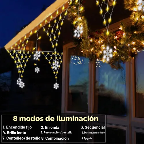 Vista 3 de DBFAIRY Red de luces de Navidad para exteriores, 207 luces LED de red de 13.1 pies de largo x 1.9 pies de alto, con 12 copos de nieve colgantes Copo