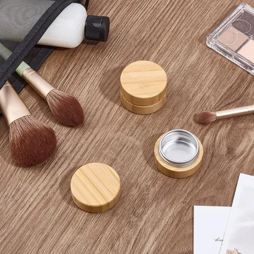 Vista 4 de MAYJOYDIY Tarros cosméticos vacíos recargables de 0.3 oz con carcasa de bambú, tarro de lata de aluminio con tapa de rosca, recipiente de crema