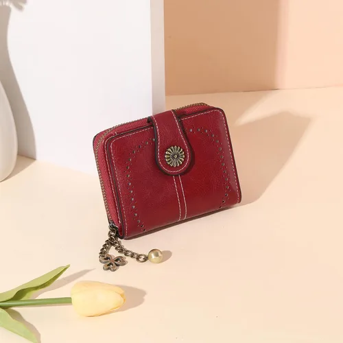 Vista 7 de Cartera pequeña para mujer, de piel, plegable, compacta, con bloqueo RFID, con bolsillo con cremallera para monedas, A01 Rojo Vino, Classic
