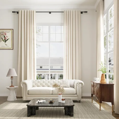 Vista 11 de Cortinas de lino extralargas de 144 pulgadas de largo para sala de estar con pestaña superior, cortinas modernas estilo casa de campo de dos pisos