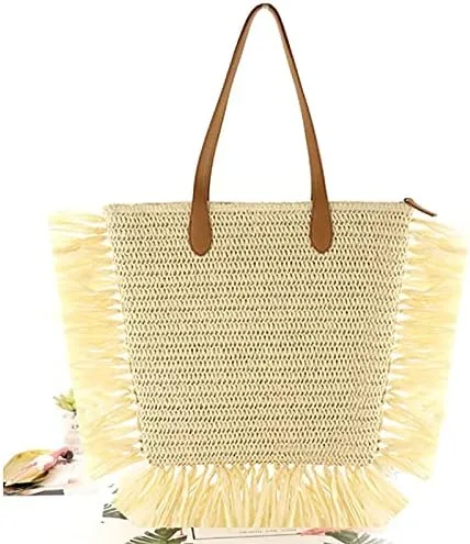 Vista 2 de Women Large Fringe Straw Woven Shoulder Bag Summer Beach Top-Handle Bag Travel Tote