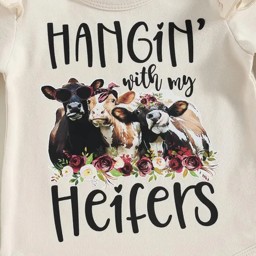 Vista 5 de Conjunto de ropa para bebé niña de manga corta con estampado de vaca + pantalones acampanados, ropa occidental