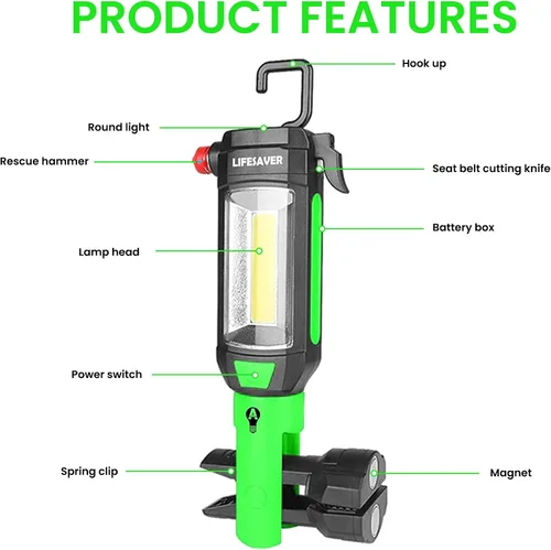 Vista 3 de AlltroLite Herramienta automática de emergencia 9 en 1 con linterna LED Kit de linterna multifunción para coche con tres modos de iluminación