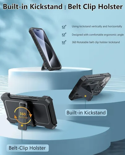 Vista 4 de FNTCASE Funda para iPhone 15-Pro-Max de 6.7 pulgadas, protector de pantalla integrado, soporte y clip para cinturón, resistente protección a prueba