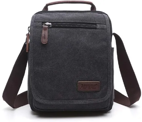 Vista 2 de Bolso bandolera de lona pequeño para el hombro, bolso de viaje, bolso cruzado simple casual para mujeres y hombres, Mejora negro, Clásico, portátil