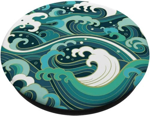 Vista 2 de Ocean Wave Surf Playa Arte Japonés Azul Verde – PopSockets Grip y soporte para teléfonos y tabletas, Negro
