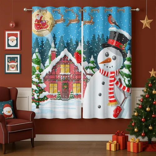 Vista 15 de Cortinas opacas de muñeco de nieve de Navidad para niñas y niños, decoración del hogar, invierno, Papá Noel, trineo, regalo, con ojales, aislamiento