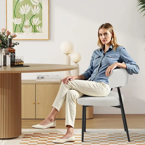 Vista 5 de DUMOS Juego de 4 sillas de comedor, sillas modernas de mediados de siglo, respaldo curvado tapizado, sillas de cocina con patas de metal negro, beige