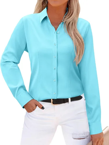 Vista 9 de Gleeivy - Camisas abotonadas para mujer, sin arrugas, de manga larga, camisas de vestir casuales con cuello V, ajustadas, de un solo