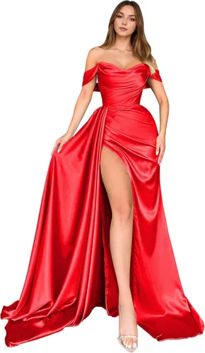 Vista 16 de Dream Wedding Vestidos de fiesta de satén con hombros descubiertos con Agua
